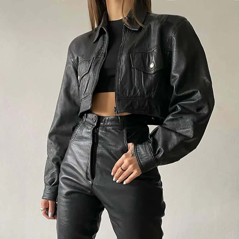 Y2K Gothic Crop Leather Jacket - 90s Grunge, Retro Style, Y2K Party & Club Outfits