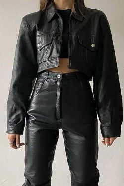 Y2K Gothic Crop Leather Jacket - 90s Grunge, Retro Style, Y2K Party & Club Outfits
