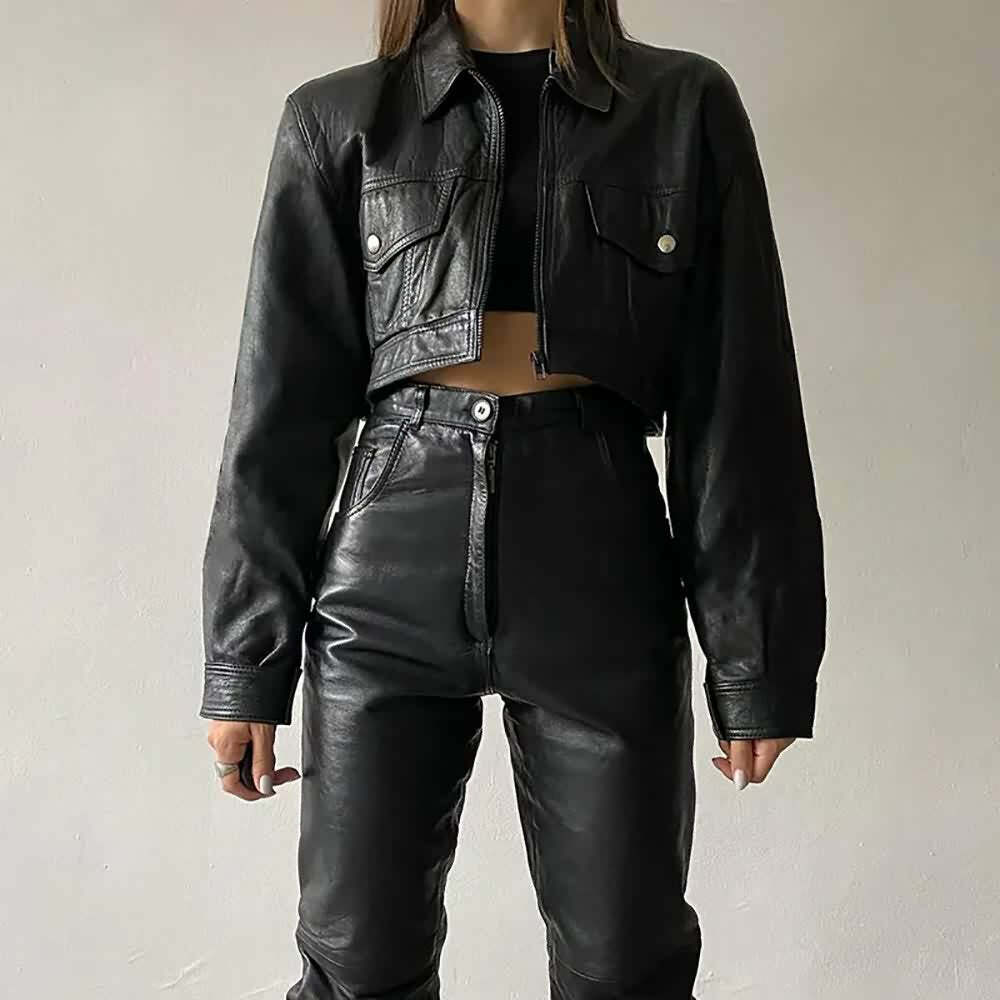 Y2K Gothic Crop Leather Jacket - 90s Grunge, Retro Style, Y2K Party & Club Outfits