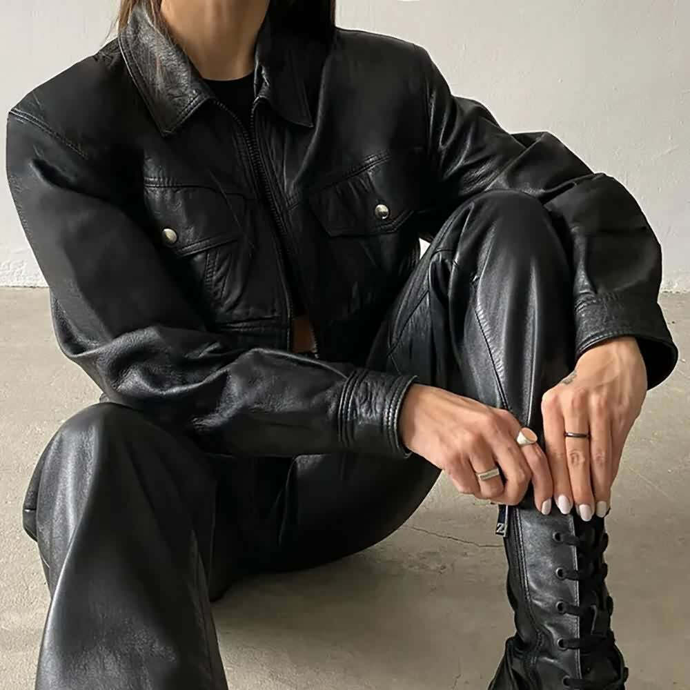 Y2K Gothic Crop Leather Jacket - 90s Grunge, Retro Style, Y2K Party & Club Outfits