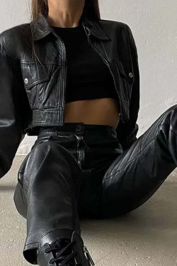 Y2K Gothic Crop Leather Jacket - 90s Grunge, Retro Style, Y2K Party & Club Outfits