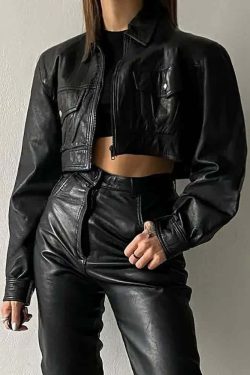 Y2K Gothic Crop Leather Jacket - 90s Grunge, Retro Style, Y2K Party & Club Outfits