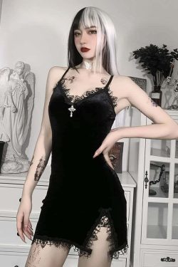 Y2K Gothic Cross Lace Trim Velvet Slit Mini Dress - 90s Grunge, Retro, Pastel Goth Fashion