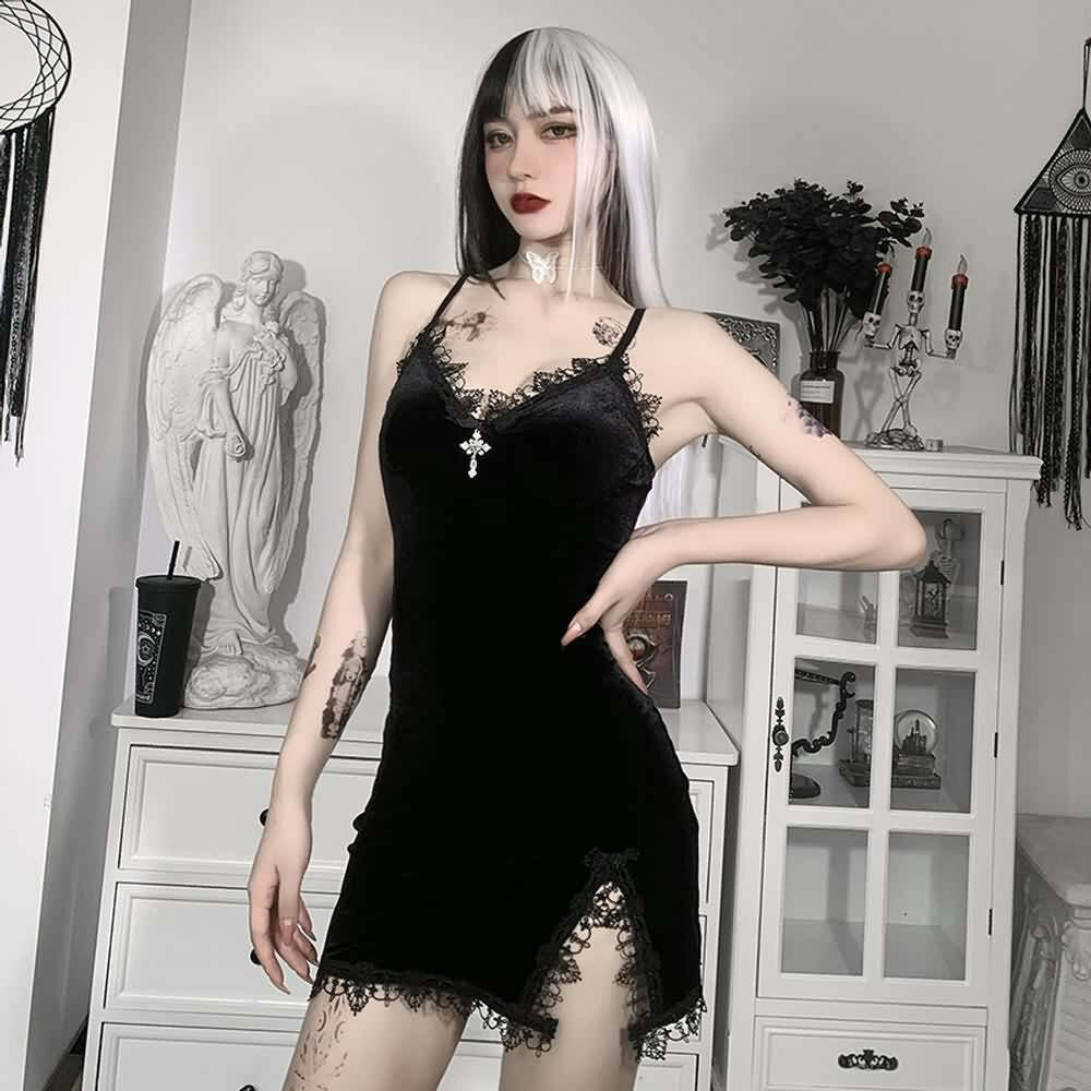 Y2K Gothic Cross Lace Trim Velvet Slit Mini Dress - 90s Grunge, Retro, Pastel Goth Fashion