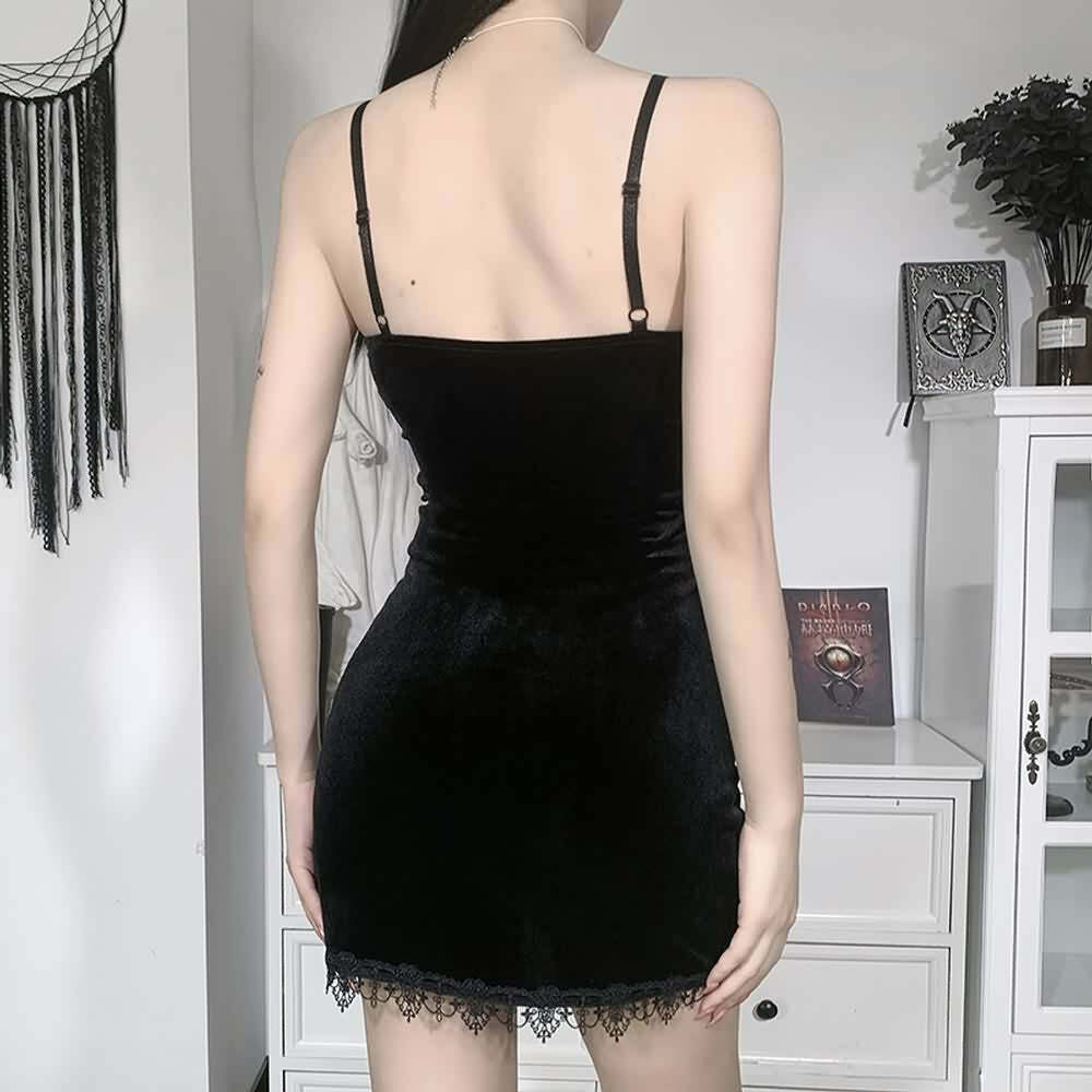 Y2K Gothic Cross Lace Trim Velvet Slit Mini Dress - 90s Grunge, Retro, Pastel Goth Fashion