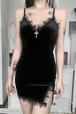 Y2K Gothic Cross Lace Trim Velvet Slit Mini Dress - 90s Grunge, Retro, Pastel Goth Fashion