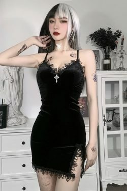 Y2K Gothic Cross Lace Trim Velvet Slit Mini Dress - 90s Grunge, Retro, Pastel Goth Fashion