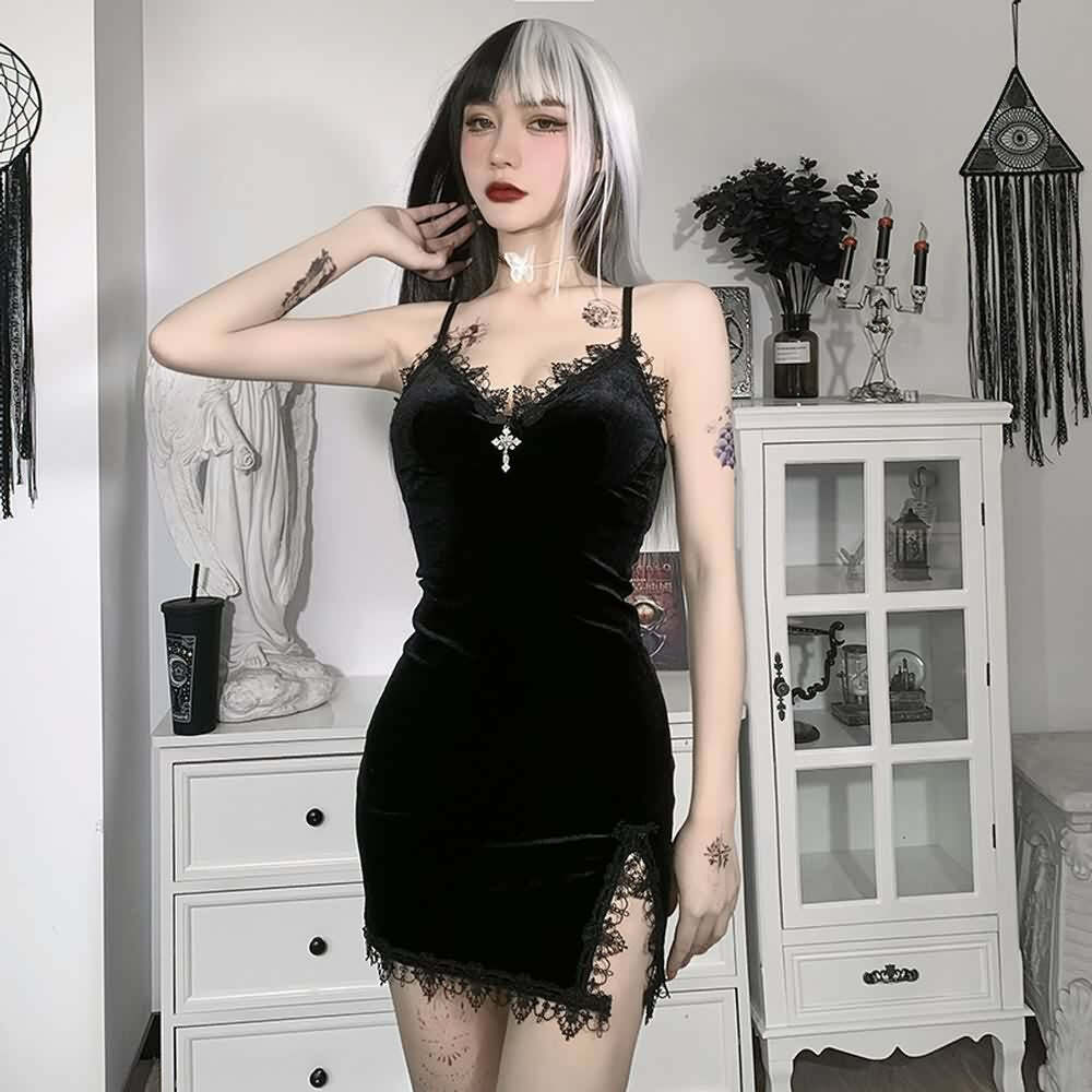 Y2K Gothic Cross Lace Trim Velvet Slit Mini Dress - 90s Grunge, Retro, Pastel Goth Fashion