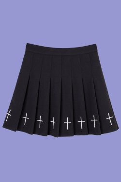 Y2K Gothic Cross Pleated Mini Skirt - Black, 90s Grunge, Retro Summer Outfit