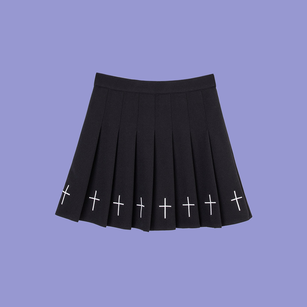 Y2K Gothic Cross Pleated Mini Skirt - Black, 90s Grunge, Retro Summer Outfit