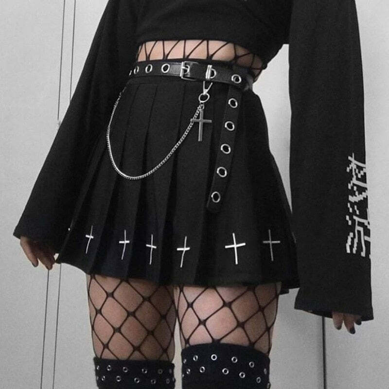 Y2K Gothic Cross Pleated Mini Skirt - Black, 90s Grunge, Retro Summer Outfit