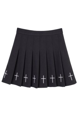 Y2K Gothic Cross Pleated Mini Skirt - Black, 90s Grunge, Retro Summer Outfit