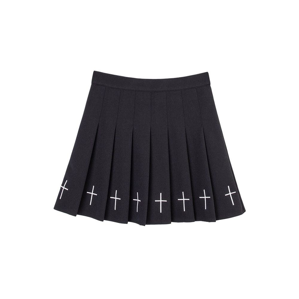 Y2K Gothic Cross Pleated Mini Skirt - Black, 90s Grunge, Retro Summer Outfit