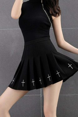 Y2K Gothic Cross Pleated Mini Skirt - Black, 90s Grunge, Retro Summer Outfit