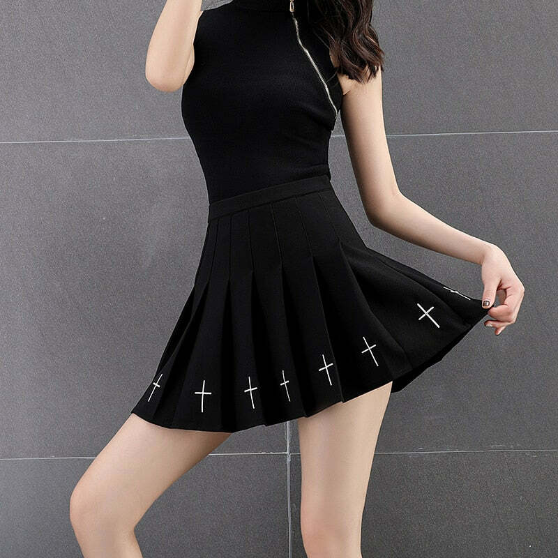 Y2K Gothic Cross Pleated Mini Skirt - Black, 90s Grunge, Retro Summer Outfit