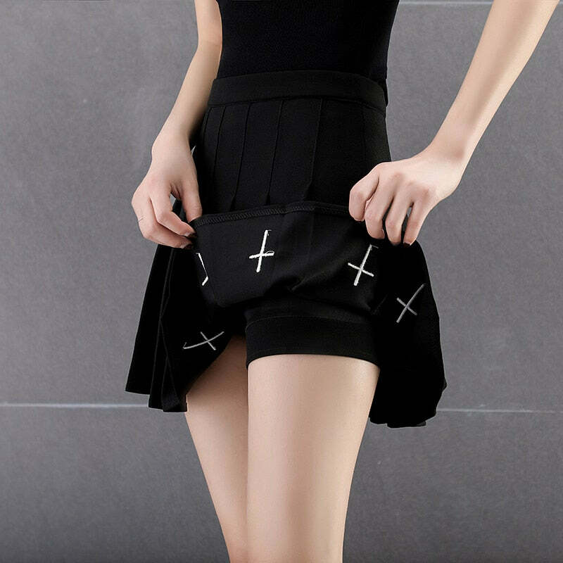 Y2K Gothic Cross Pleated Mini Skirt - Black, 90s Grunge, Retro Summer Outfit