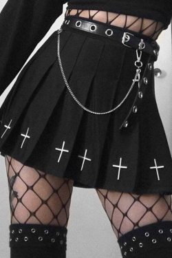Y2K Gothic Cross Pleated Mini Skirt - Black, 90s Grunge, Retro Summer Outfit