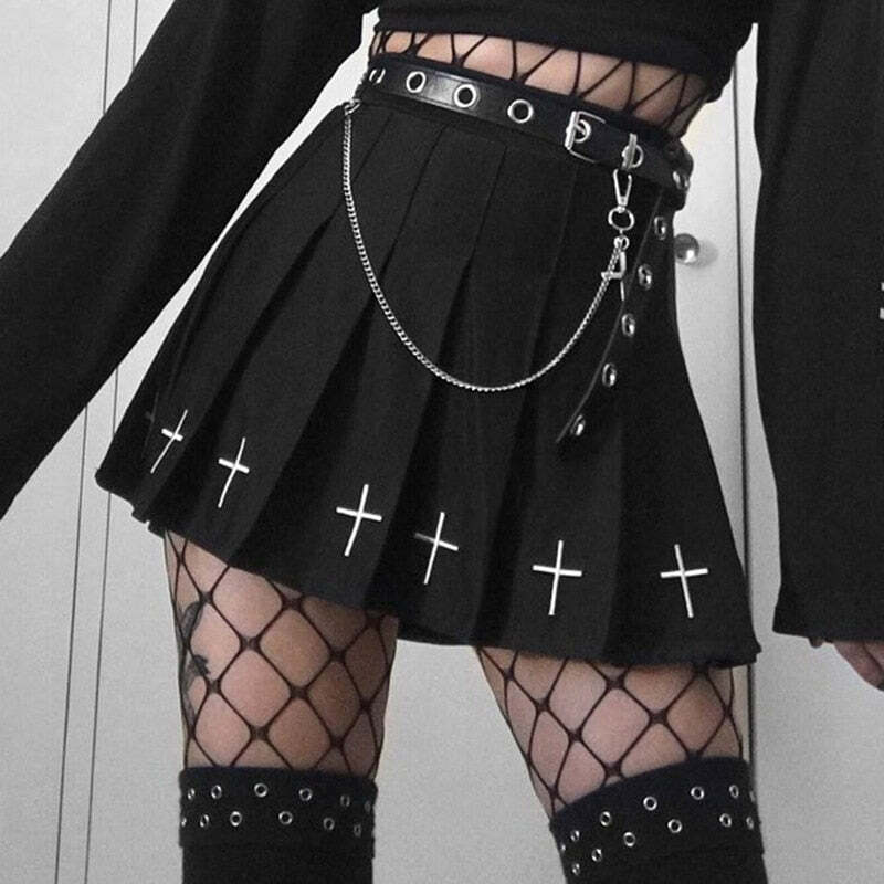 Y2K Gothic Cross Pleated Mini Skirt - Black, 90s Grunge, Retro Summer Outfit