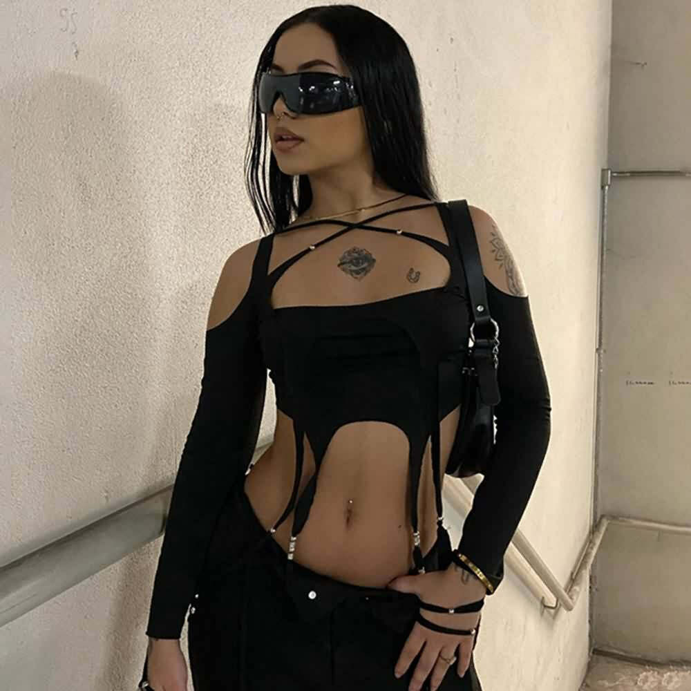 Y2K Gothic Cut Out Cold Shoulder Long Sleeve Crop Top - Retro 90s Grunge Fashion