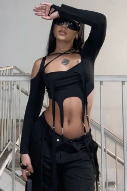 Y2K Gothic Cut Out Cold Shoulder Long Sleeve Crop Top - Retro 90s Grunge Fashion