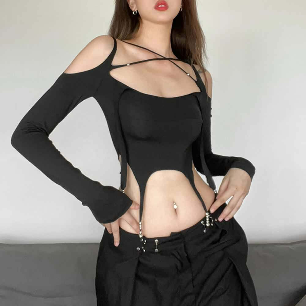 Y2K Gothic Cut Out Cold Shoulder Long Sleeve Crop Top - Retro 90s Grunge Fashion