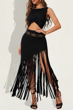 Y2K Gothic Cut Out Fringe High Low Long Dress - Retro 90s Grunge Summer Party Outfit