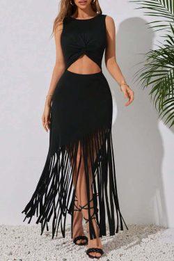 Y2K Gothic Cut Out Fringe High Low Long Dress - Retro 90s Grunge Summer Party Outfit