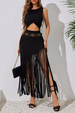 Y2K Gothic Cut Out Fringe High Low Long Dress - Retro 90s Grunge Summer Party Outfit