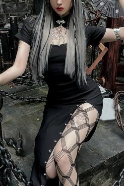 Y2K Gothic Cut Out High Slit Dress - Retro 90s Grunge Summer Outfit for Parties and Clubs