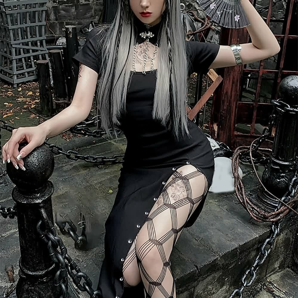 Y2K Gothic Cut Out High Slit Dress - Retro 90s Grunge Summer Outfit for Parties and Clubs