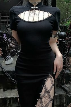 Y2K Gothic Cut Out High Slit Dress - Retro 90s Grunge Summer Outfit for Parties and Clubs