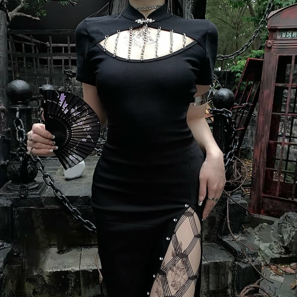 Y2K Gothic Cut Out High Slit Dress - Retro 90s Grunge Summer Outfit for Parties and Clubs