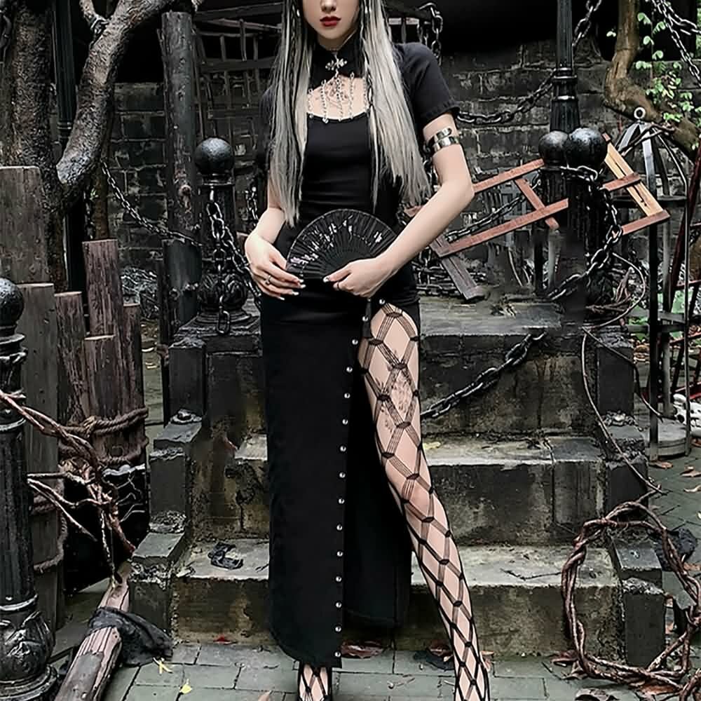 Y2K Gothic Cut Out High Slit Dress - Retro 90s Grunge Summer Outfit for Parties and Clubs