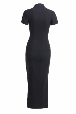 Y2K Gothic Cut Out High Slit Dress - Retro 90s Grunge Summer Outfit for Parties and Clubs