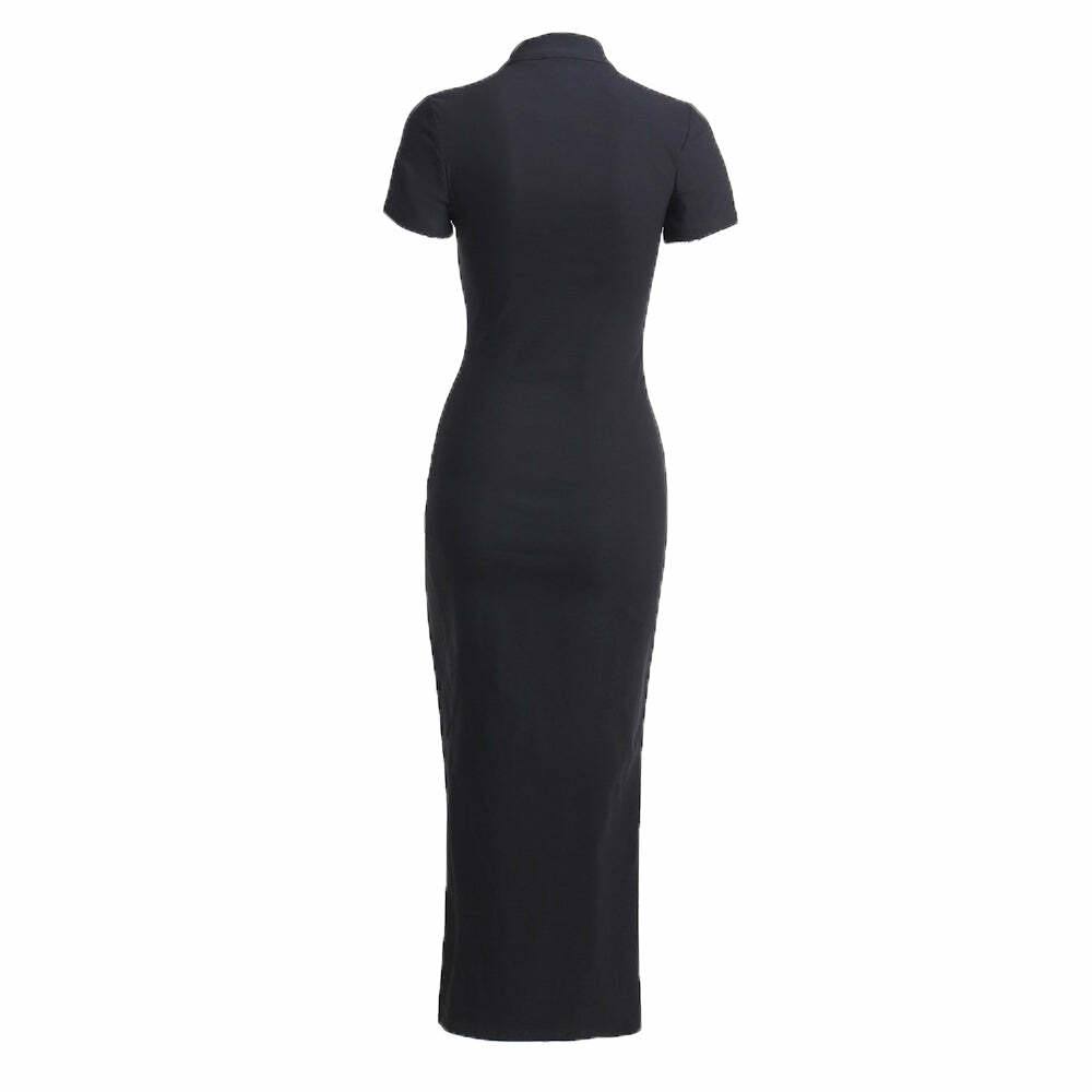 Y2K Gothic Cut Out High Slit Dress - Retro 90s Grunge Summer Outfit for Parties and Clubs