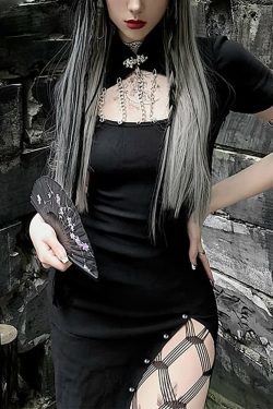 Y2K Gothic Cut Out High Slit Dress - Retro 90s Grunge Summer Outfit for Parties and Clubs