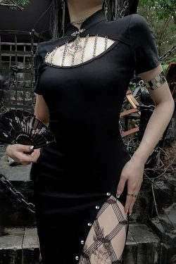 Y2K Gothic Cut Out High Slit Dress - Retro 90s Grunge Summer Outfit for Parties and Clubs
