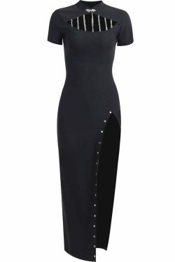 Y2K Gothic Cut Out High Slit Dress - Retro 90s Grunge Summer Outfit for Parties and Clubs