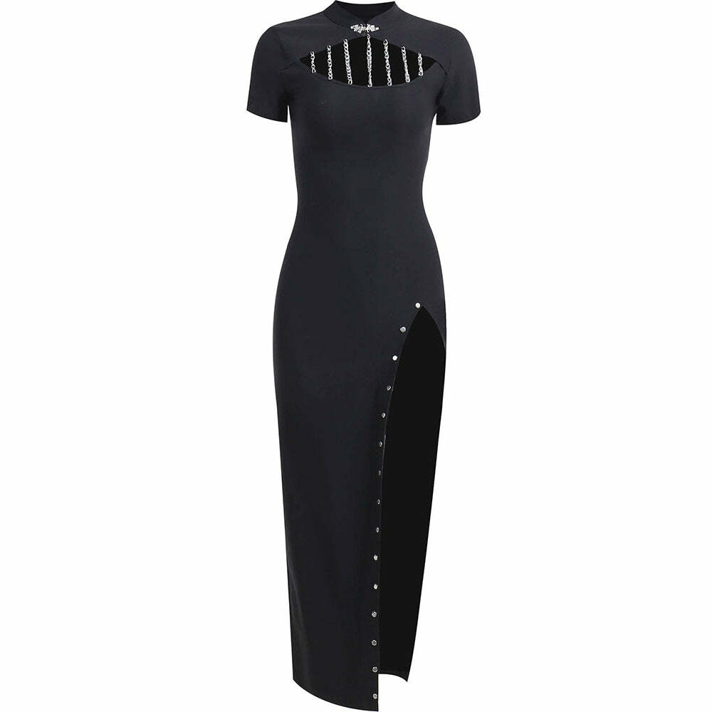 Y2K Gothic Cut Out High Slit Dress - Retro 90s Grunge Summer Outfit for Parties and Clubs