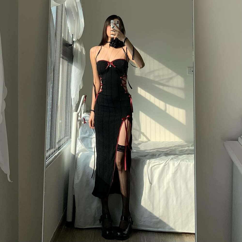 Y2K Gothic Cut Out Lace Up Slit Midi Dress - Retro 90s Grunge Summer Party Outfit