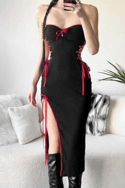 Y2K Gothic Cut Out Lace Up Slit Midi Dress - Retro 90s Grunge Summer Party Outfit