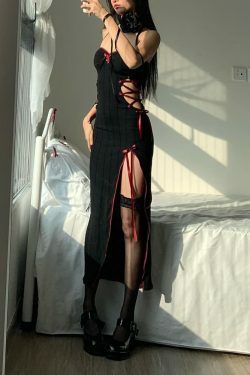 Y2K Gothic Cut Out Lace Up Slit Midi Dress - Retro 90s Grunge Summer Party Outfit