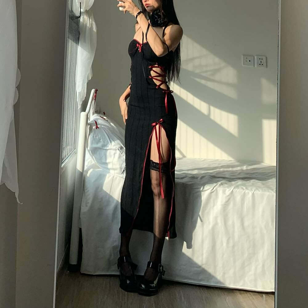 Y2K Gothic Cut Out Lace Up Slit Midi Dress - Retro 90s Grunge Summer Party Outfit