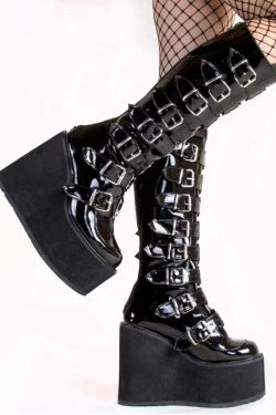 Y2K Gothic Dark Grunge Platform Boots - Shiny Black Retro 90s Fashion for Y2K Outfits