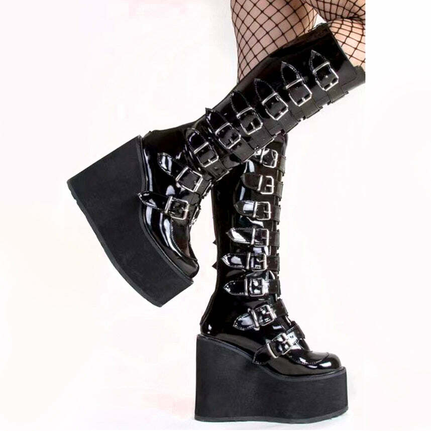 Y2K Gothic Dark Grunge Platform Boots - Shiny Black Retro 90s Fashion for Y2K Outfits