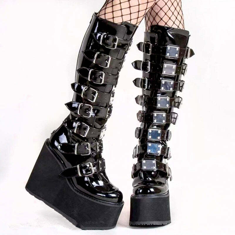Y2K Gothic Dark Grunge Platform Boots - Shiny Black Retro 90s Fashion for Y2K Outfits