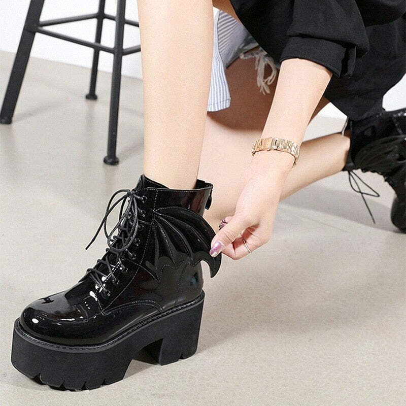 Y2K Gothic Demon Wings Ankle Boots - Retro 90s Grunge, Pastel Goth, Y2K Club & Party Outfits