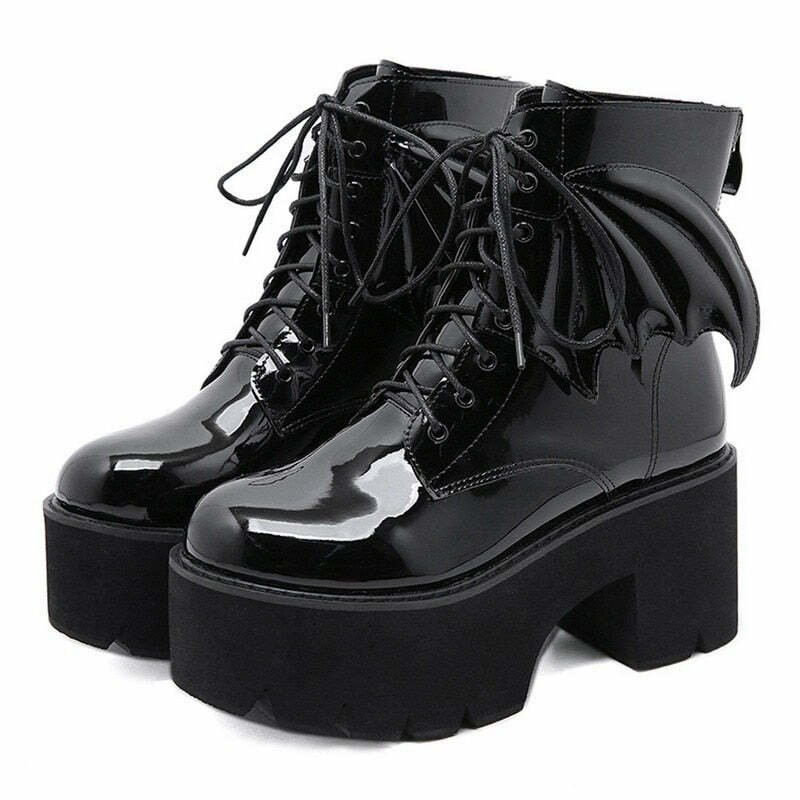 Y2K Gothic Demon Wings Ankle Boots - Retro 90s Grunge, Pastel Goth, Y2K Club & Party Outfits