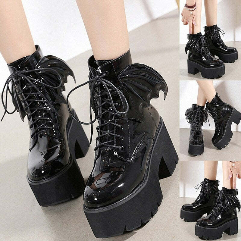 Y2K Gothic Demon Wings Ankle Boots - Retro 90s Grunge, Pastel Goth, Y2K Club & Party Outfits