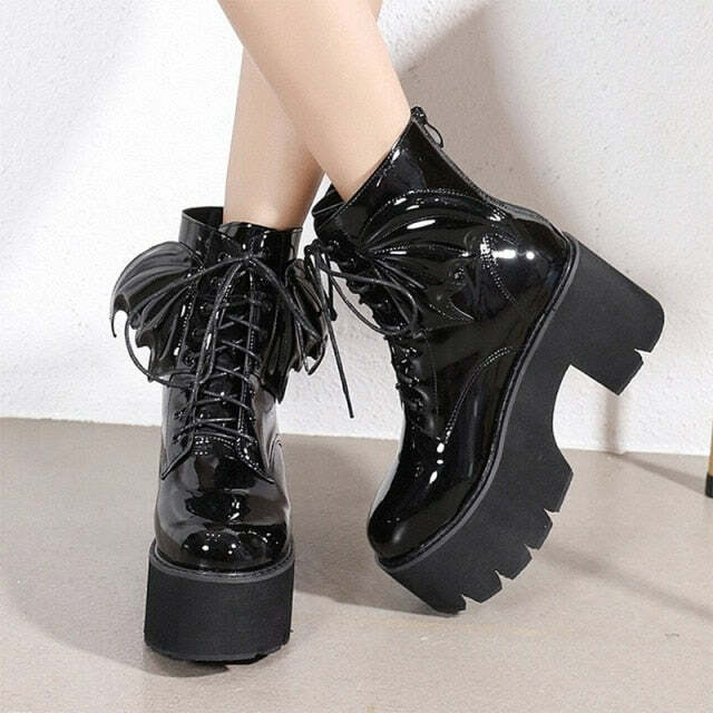 Y2K Gothic Demon Wings Ankle Boots - Retro 90s Grunge, Pastel Goth, Y2K Club & Party Outfits